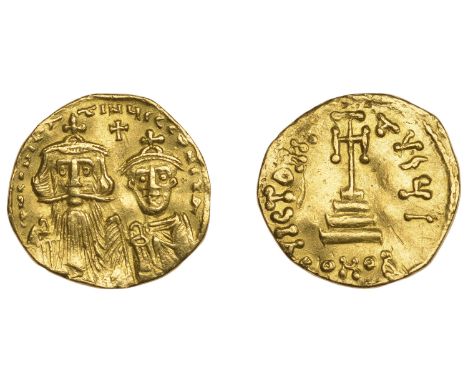 Constans II, Solidus, Constantinople, facing busts of Constans II and Constantine IV, both wearing chlamys and simple crown, 
