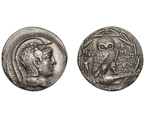ATTICA, Athens, Tetradrachm, 135-4, struck by the magistrates Menedemos, Epigenes and Philon, helmeted head of Athena right, 