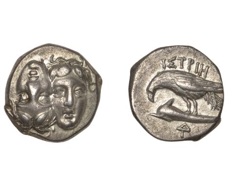MOESIA, Istros, Drachm, c. 400-300, two male heads facing, the left inverted, rev. eagle on dolphin left, 5.27g (SNG BM 255; 