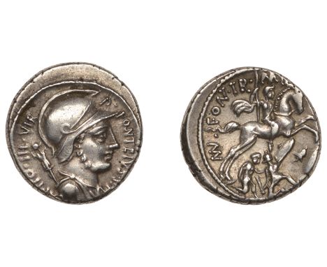 P. Fonteius Capito, Denarius, c. 55,  helmeted and draped bust of Mars right, trophy over shoulder, rev. horseman galloping r