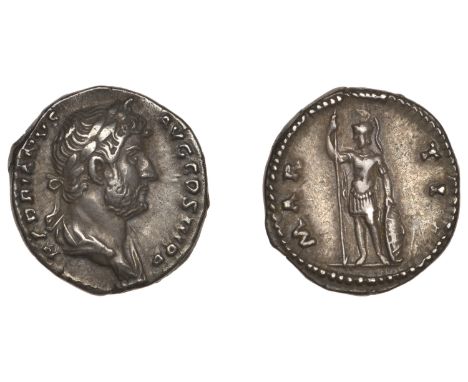 Hadrian, Denarius, 130-3, laureate draped bust right, rev. Mars standing facing, looking left, holding spear and shield, 2.97