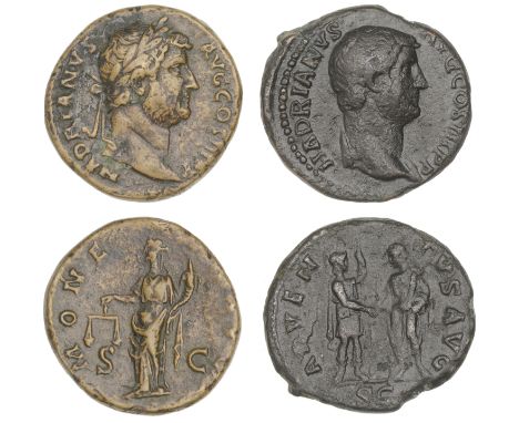 Hadrian, Asses (2), c. 133-6, revs. Moneta standing left, holding scales and cornucopiæ, sc in field, 13.63g; Roma standing r