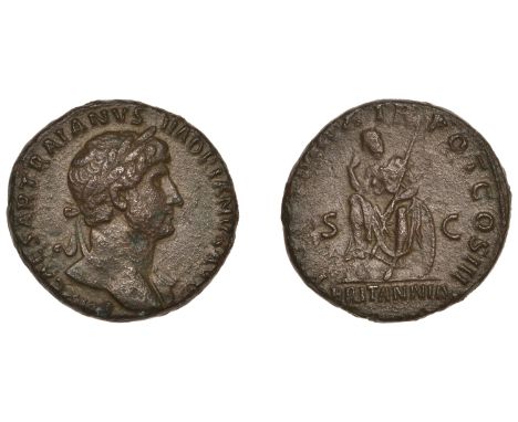 Hadrian, As, c. 119-20, laureate bust right, drapery on far shoulder, rev. Britannia seated front, foot on rock, holding spea