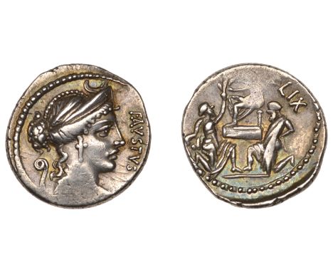 Faustus Cornelius Sulla, Denarius, c. 56, diademed head of Diana right, crescent above, lituus behind, rev. Bocchus, king of 