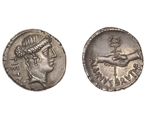 Decimus Junius Brutus, Denarius, 48, head of Pietas right, rev. clasped hands holding winged caduceus, 3.97g (Craw. 450/2; BM