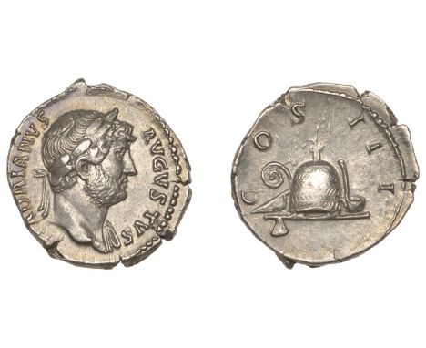 Hadrian, Denarius, 125-7, laureate bust right, drapery on far shoulder, rev. sacrificial knife, lituus, apex and simpulum, al