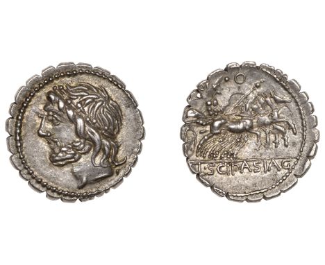 Cornelius Scipio Asiagenus, serrate Denarius, c. 106, laureate head of Jupiter left, rev. Jupiter driving quadriga right, pel