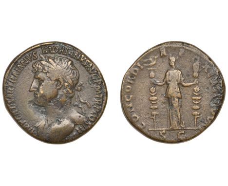 Hadrian, Sestertius, c. 120-2, laureate bust left, drapery on far shoulder, rev. Concordia standing left, holding aquila and 