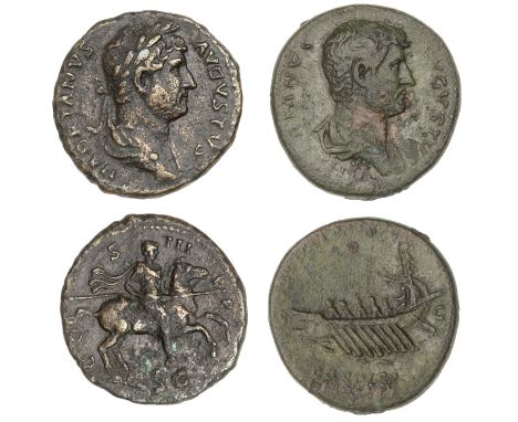 Hadrian, Asses (2), c. 129-30, revs. galley left with five oarsmen, cos iii pp in exergue, 13.75g; emperor on horseback right