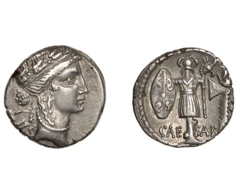 Julius Cæsar, Denarius, travelling military mint, c. 48, diademed head of Pietas? right wearing oak wreath, lii at shoulder, 