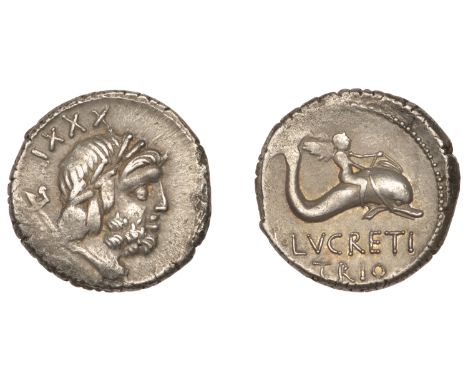 Lucretius Trio, serrate Denarius, c. 76, laureate head of Neptune right, trident over shoulder, rev. winged Genius on dolphin