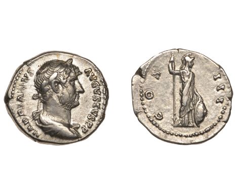 Hadrian, Denarius, c. 128-9, laureate draped and cuirassed bust right, rev. Minerva standing right, holding spear and resting