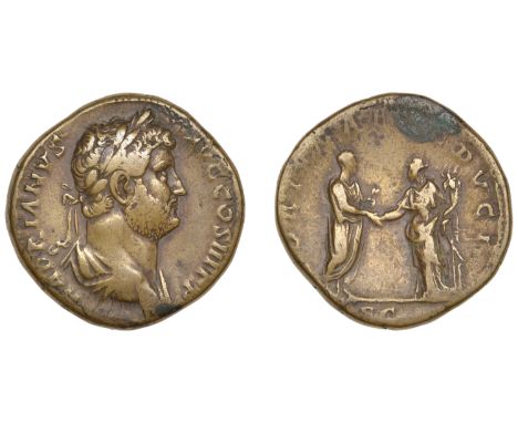 Hadrian, Sestertius, c. 133-5, laureate draped bust right, rev. emperor standing right, holding scroll and greeting Fortuna s