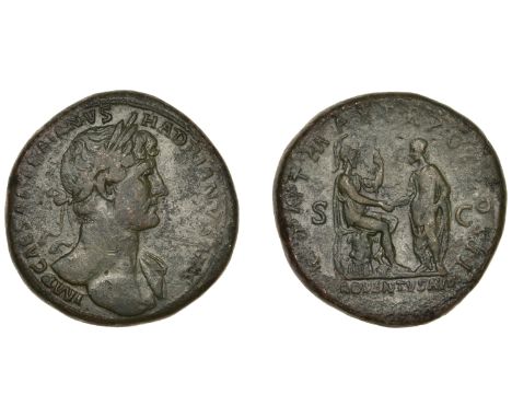 Hadrian, Sestertius, 118, laureate bust right, drapery over far shoulder, rev. Roma seated on cuirass greeting emperor, adven