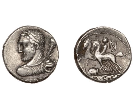 Ti. Quinctius, Denarius 112-1, bust of Hercules draped in lion-skin seen from behind, club over shoulder, rev. two horses adv