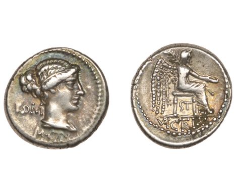 M. Cato, Denarius, c. 89, female bust right with hair bound, rev. Victory seated right, holding palm and patera, 4.02g (Craw.