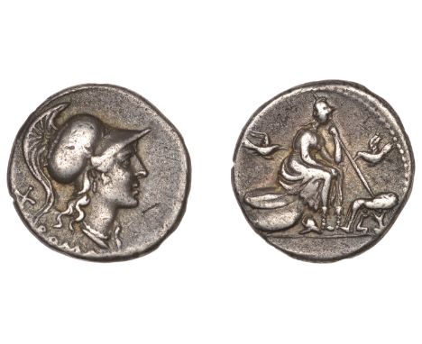 Anonymous, Denarius, c. 115-14, helmeted head of Roma right, x behind, rev. Roma seated right on two oval shields, holding tr