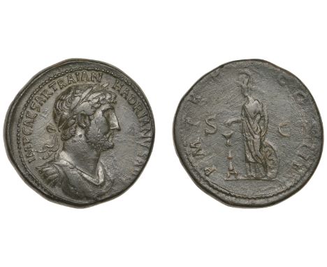 Hadrian, Sestertius, c. 119-23, laureate draped and cuirassed bust right, rev. Minerva standing left dropping incense onto ca