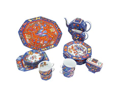 HERMÈS Kaffeeservice "MARQUETERIE DE PIERRES D`ORIENT ET D`OCCIDENT". Service besteht aus 14 Teilen: 1x Kaffeekanne, 1x Milch