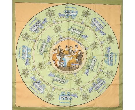 HERMÈS Seidencarré "JEU DES OMNIBUS ET DAMES BLANCHES", by Robert Dumas, erster Carré-Entwurf 1937. Akt. NP.: 530,-€. 100% Se