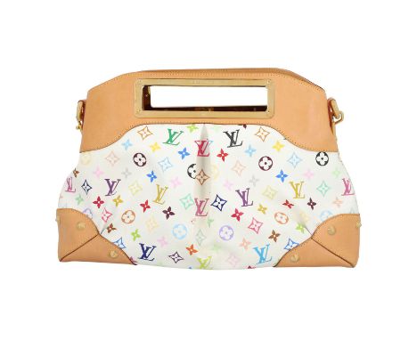LOUIS VUITTON Umhängetasche "JUDY MM", Koll.: 2009. Multicolor Monogram Canvas auf weißem Grund mit goldfarbener Hardware, Gr