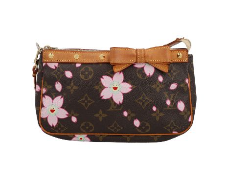 LOUIS VUITTON X MURAKAMI Pochette "POCHETTE ACC NM.", Koll.: 2003. Monogram Canvas Cherry Blossom mit Details aus Leder, gold