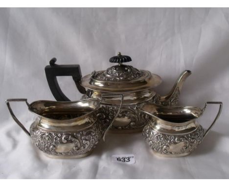 BACHELOR'S VICTORIAN 3 PIECE foliate embossed tea service. 9” over spout Birm 1898  by EC Ltd 580g   