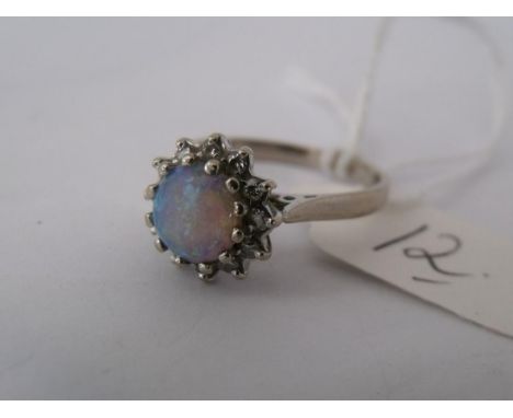 18ct white gold circular opal & diamond cluster ring approx size N        