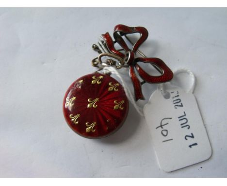 Ladies red enamel silver fob watch with ribbon suspension        