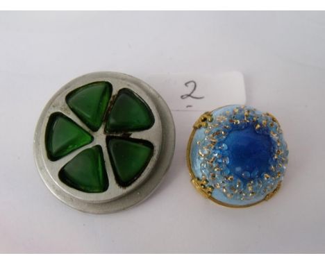 Circular green stone brooch signed R Tennesmed Sweden also a gilt metal mounted Limoges brooch   