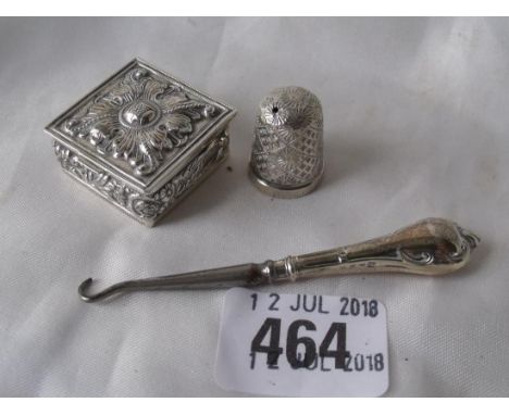 Small button hook etc. including white metal pill box   