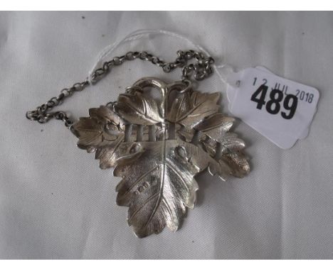 Georgian bottle ticket cast as a vine leaf pierced “sherry” London 1834 2.5” wide 28 g    