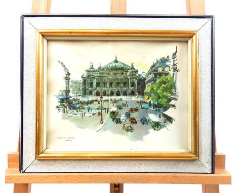 A print of Place De L'Opera, Paris, with Irish 'Goodwin Galleries' of Limerick label to verso, sight size 26 x 34cm.
