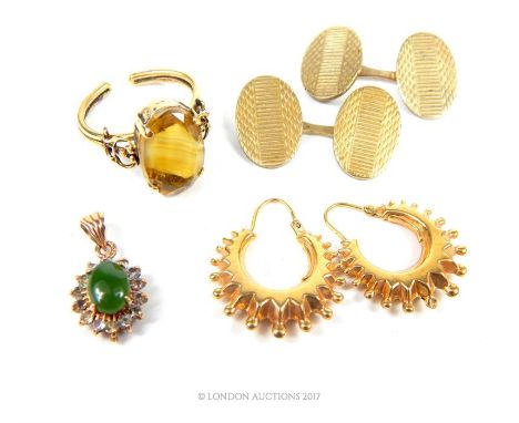 A Victorian yellow metal and claw- set yellow glass ring (Size: Q), a pair of 9 ct yellow gold Victorian style Gypsy earrings