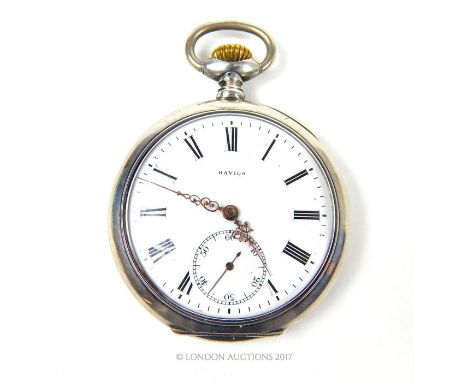 A silver military pocket watch by Ravila with a white enamel dial and black Roman numerals, cartouche on reverse of case, cir
