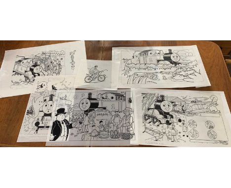 Eight original ink / cell illustrations for Thomas the Tank Engine by illustrator John York, approx. 30x28cm (smallest), 57x4