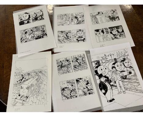 Six original ink on cell (one on paper) illustrations for Thomas the Tank Engine by illustrator John York, unframed, 42x30cm 