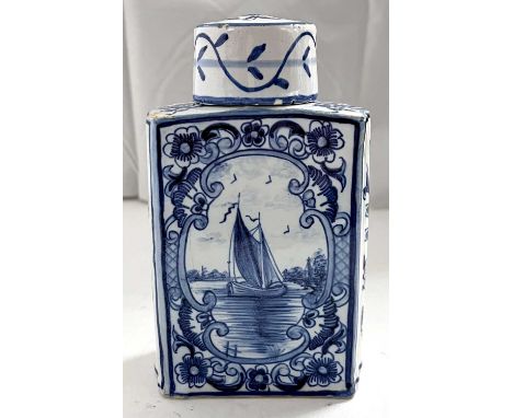 A Dutch Delft caddy with cover decorated with a yachting scene, 19th Century