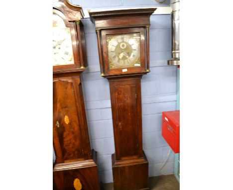 J Bonsall, Draycott - 18th Century long case clock, the oak case with dentel and moulded cornice, pillared hood supports, pla