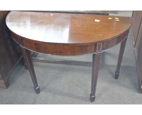 19th Century mahogany demi lune card table with line inlaid detail, raised on tapering legs with spade feet, 105cm wide