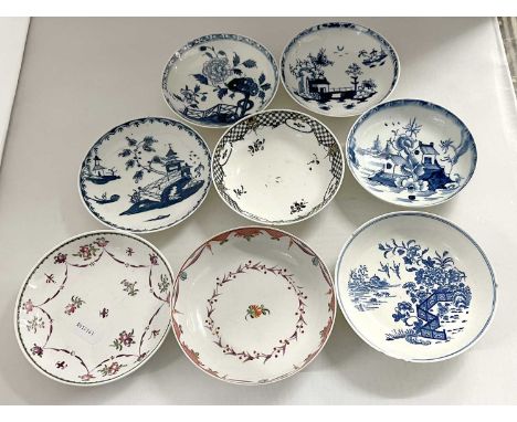 Group of English porcelain saucers with blue and white design including a Lowestoft porcelain example and Liverpool (7)