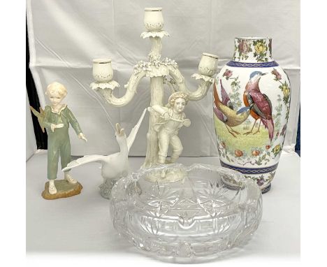 Mixed lot of glass and ceramics including a cut glass ashtray, Royal Worcester figure of the parakeet, Hadleigh style contine