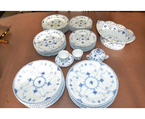 Royal Copenhagen - A collection of Royal Copenhagen fluted blue lace table wares to include an oval pierced bowl, various dis