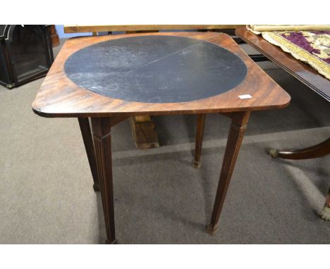 An unusual 19th Century mahogany folding card table, the square top with leatherette lined centre, raised on square legs with