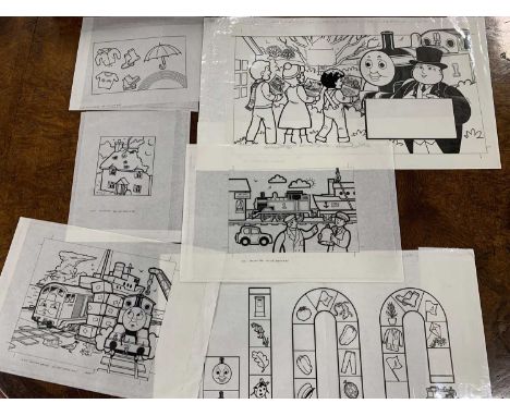 Ten original ink / cell illustrations for Thomas the Tank Engine by illustrator John York, approx 29x26cm (smallest) 60x42cm 