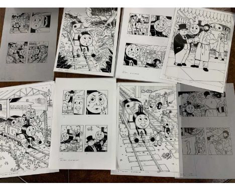 Eight original ink on cell illustrations for Thomas The Tank Engine by illustrator John York, unframed, approx 42x30cm (8)