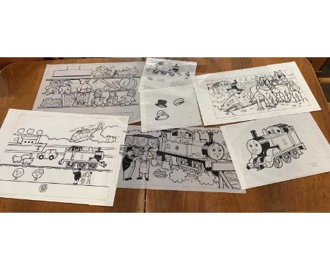 Seven original ink on cell illustrations for Thomas the Tank Engine by illustrator John York, approx. 29x26cm (smallest) 60x4