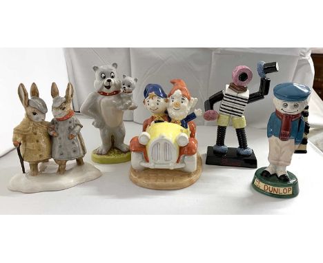 Group of Royal Doulton figures including Penfold Golfer Dunlop Caddy also Coalport Bertie Bassett No 450 with certificate and