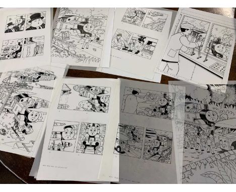 Eight original ink on cell illustrations for Thomas the Tank Engine by illustrator John York, unframed, 42x30cm (8)