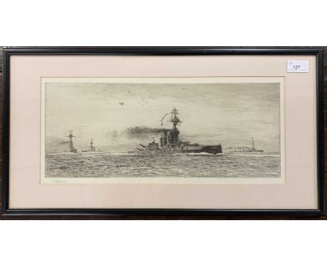 William Lionel Wyllie (1851-1931), Royal Naval shipping scene, etching, signed in pencil to plate margin, 44.5x19cm, framed a